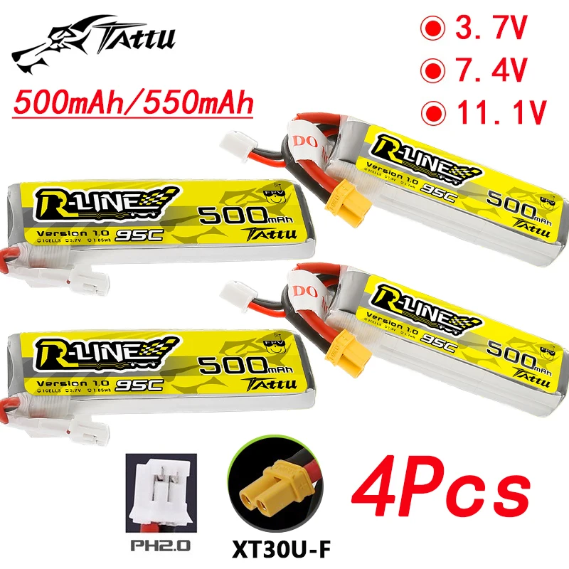 Batería Lipo con XT30/PH2.0 para Dron de carreras, TATTU-R-LINE, 1,0, 500/550mAh, 95C, 3,7 V/7,4 V/11,1 V, para helicóptero RC, cuadricóptero, FPV