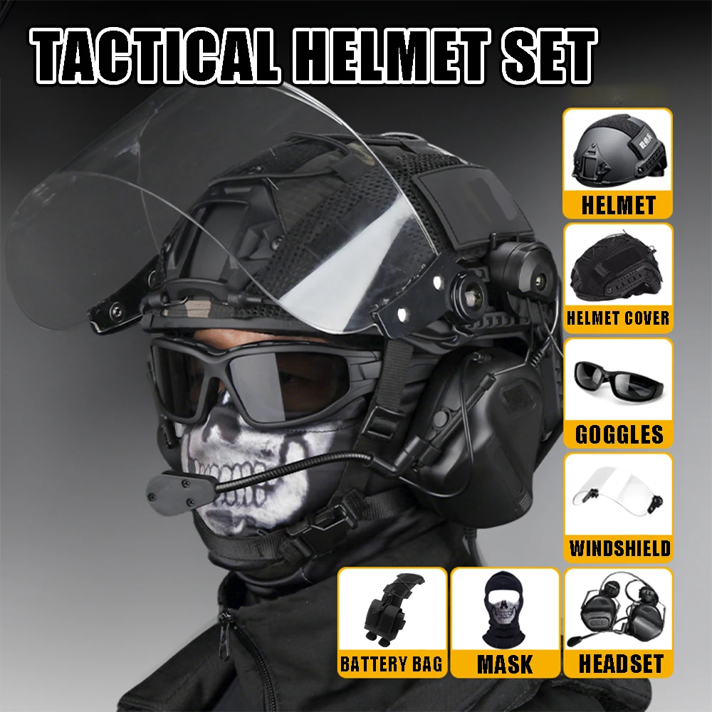 Conjunto de casco fantasma táctico con gafas de casco rápido Airsoft, auriculares de comunicación, pasamontañas, máscara fantasma, bolsa de batería para caza