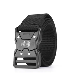 Cinturón táctico de 125 cm para hombres – Tela tejida, transpirable, duradera, cinturón de utilidad para exteriores con hebilla automática – Negro