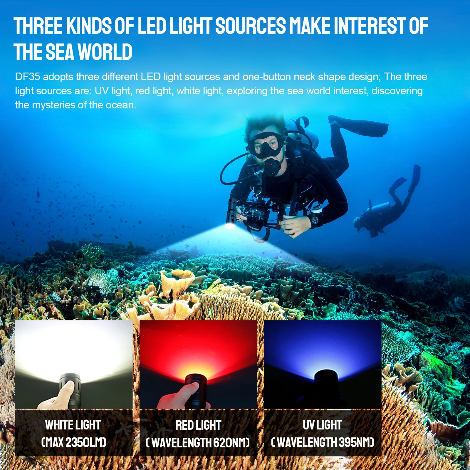 Trustfire-linterna de buceo profesional DF35, 2350 lúmenes, alta potencia, batería 32650 Led, UV roja, subacuática - imagen 5