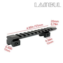 Montaje Picatinny de carril táctico de 125mm, 11 a 20mm, aluminio CNC, 10 ranuras, soporte de extensión de 12mm, adaptador de riel de montaje en carril de cola de milano
