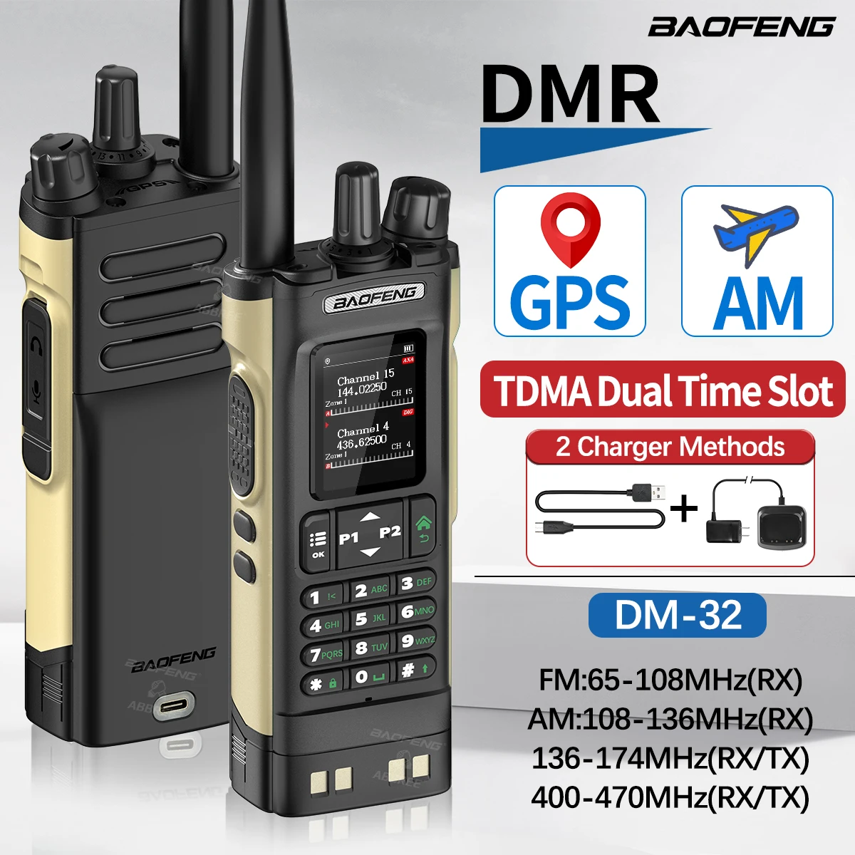 Baofeng DMR DM-32 Walkie Talkie Digital GPS modo Dual analógico TDMA ranura de tiempo Dual 4000CH banda aérea APRS Radioaficionado bidireccional DM-1701