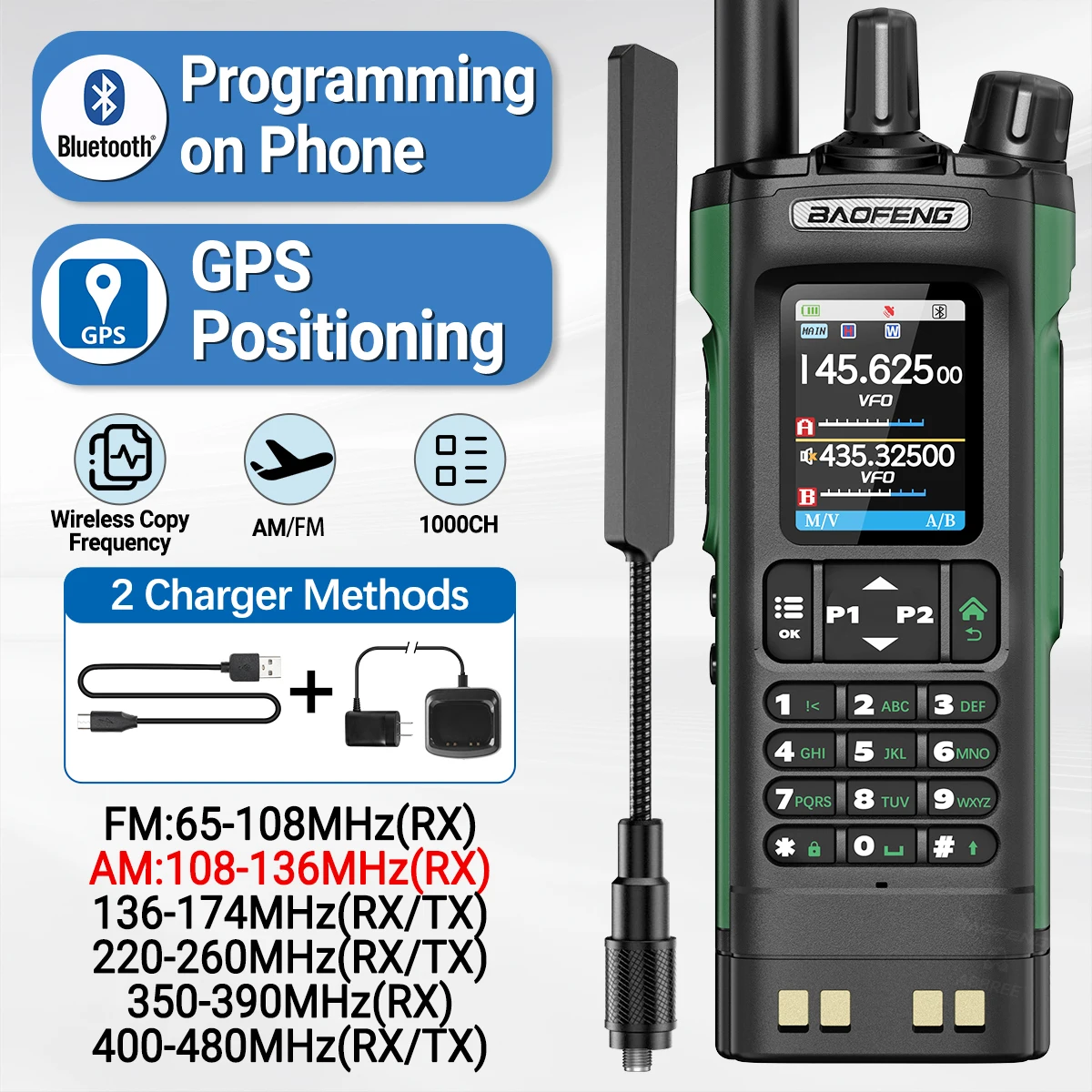 BAOFENG UV-32 GPS Walkie Talkie 10W Multi banda Bluetooth programación frecuencia de copia inalámbrica NOAA Radio bidireccional Ham de largo alcance