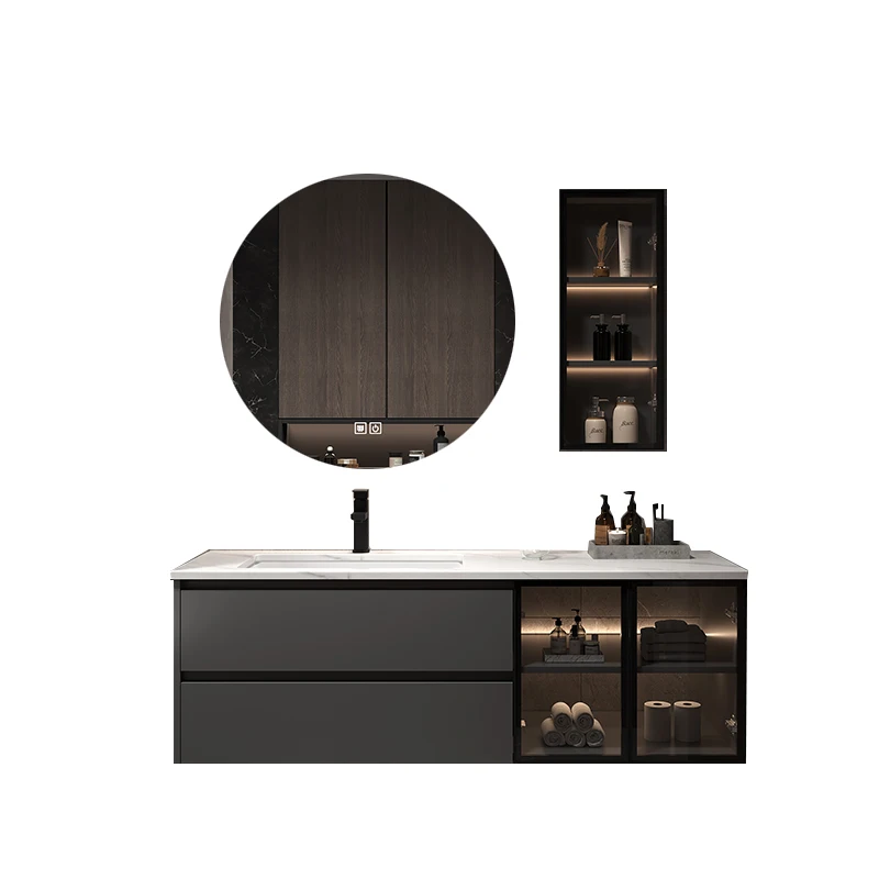 Lavabo integrado sin costuras de losa de piedra, armario de baño, combinación de gabinete de baño de lujo ligero, inodoro, lavabo, - imagen 5