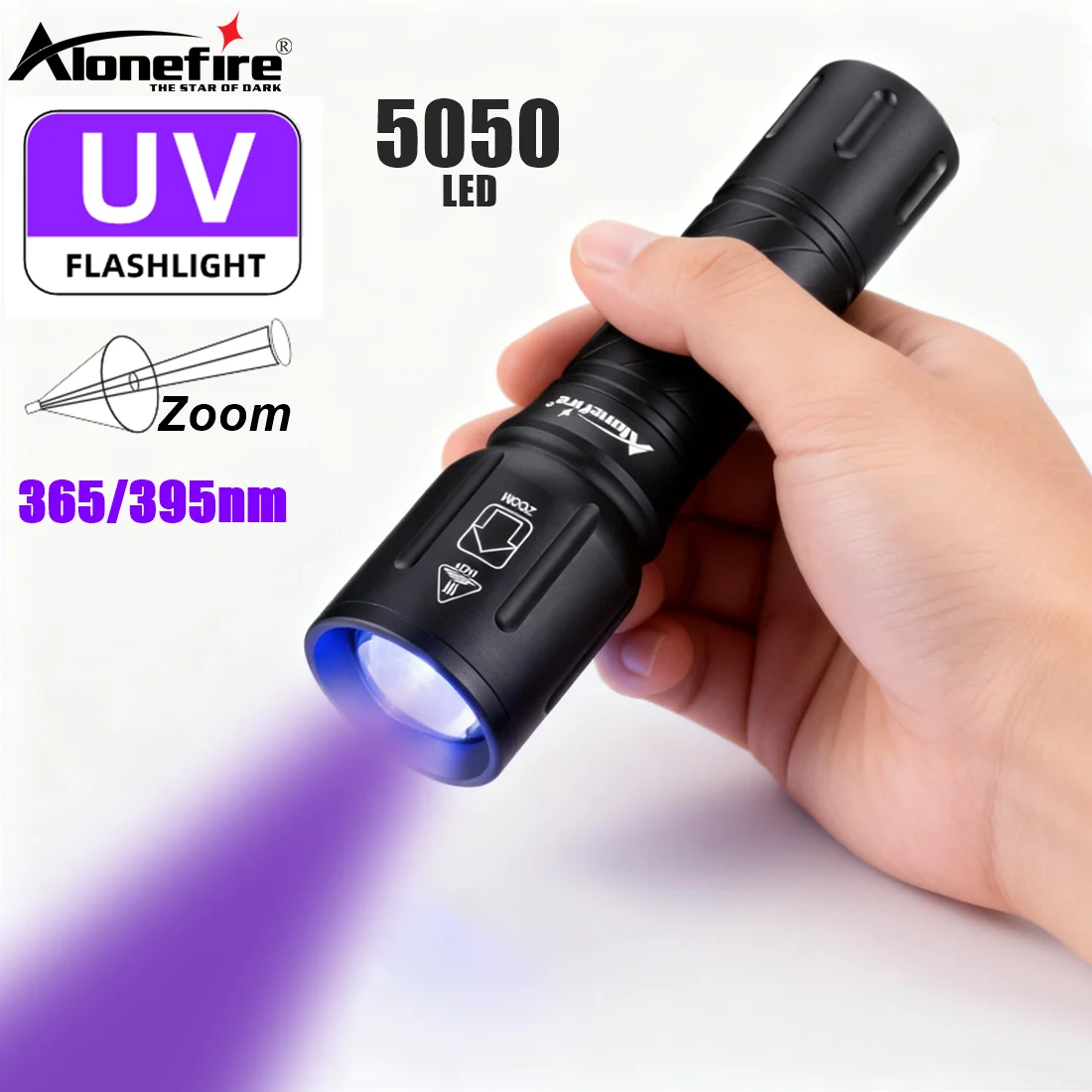 Linterna UV con Zoom de alta potencia, marcador de tinta Invisible de 365nm/395nm, luz de antorcha fluorescente para orina de perro y gato, mineral de tiña, dinero, escorpión