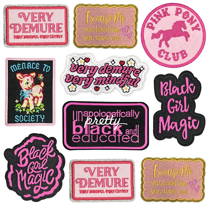 10 unids/set Pink Pony Club parches para planchar para ropa estilo Y2K parche bordado negro niñas coser insignias apliques pegatinas DIY