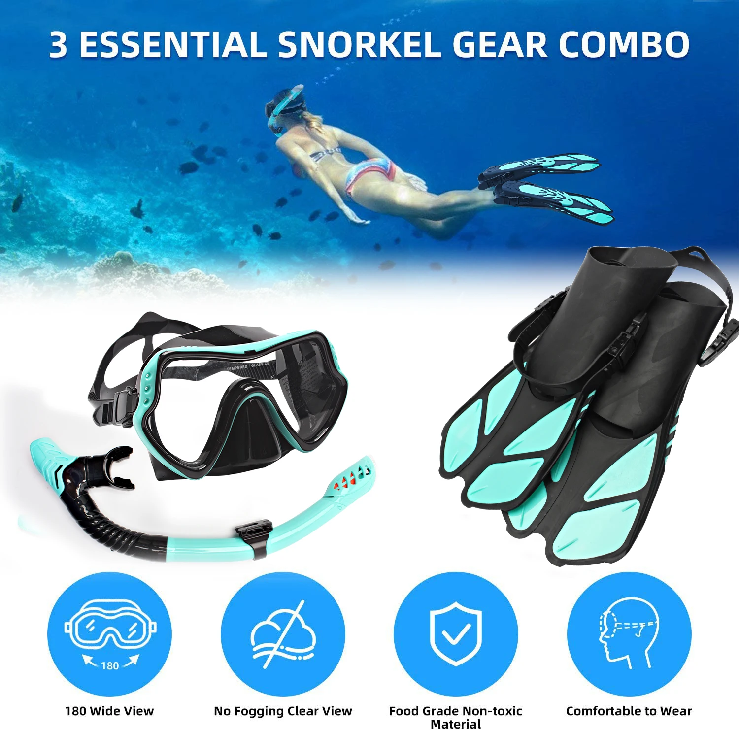 JSJM 1 + 1 + 1 máscara de buceo profesional, equipo de gafas de buceo HD antiniebla, máscara de buceo bajo el agua, aletas de esnórquel - imagen 4