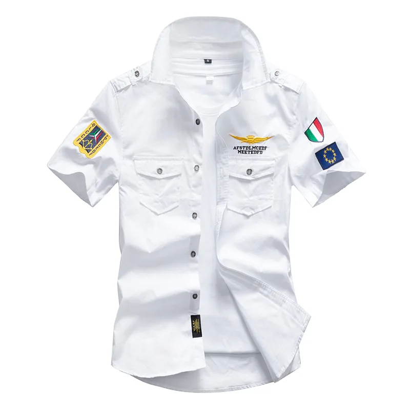 Camisa de manga corta bordada para hombre, camisa informal de carga militar, de un solo pecho, 100% algodón, para primavera y verano - imagen 4