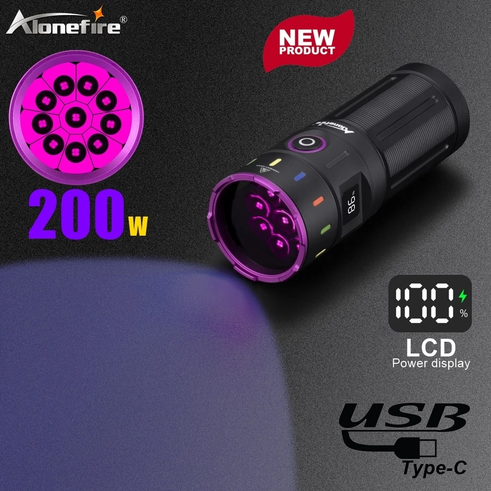 Linterna LED UV de 200W y 365nm, potente linterna de luz negra, recargable por USB, Catdog, tiña, mancha de orina, escorpión, dinero, lámpara ultravioleta - imagen 2