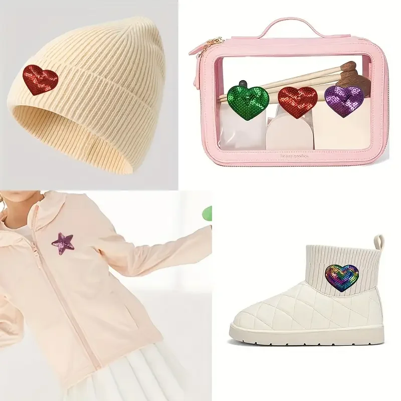 14 unids/lote de parches de estrella de lentejuelas para planchar, parches bordados de corazón para coser, apliques DIY, apliques de colores vivos brillantes para ropa - imagen 4