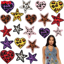 Parche bordado de leopardo para saludar, parche de estrella de cinco puntas de cuero, sombreros para bolso con patrón de colores, Logo bordado, parche para planchar, 5 uds.