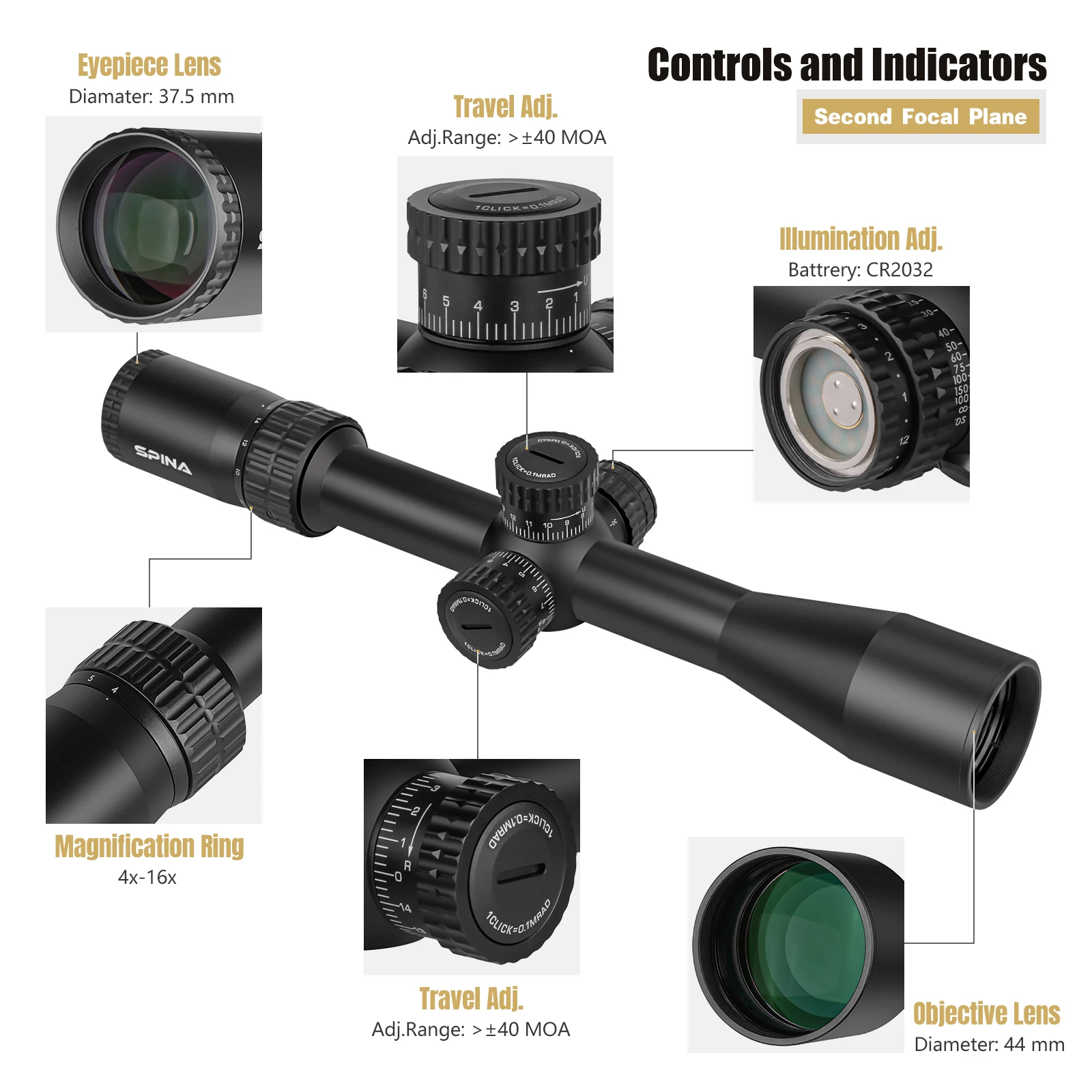 SPINA Optics-mira telescópica para caza, visor óptico MOA de largo alcance, Parallax lateral, HD 4-16x44 FFP, para 308.556 - imagen 5