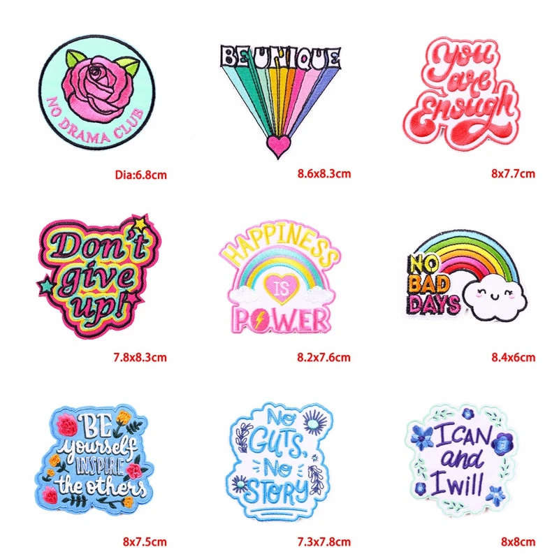 10 unids/lote, venta al por mayor, parche con letras de arcoíris de dibujos animados, parches bordados en idioma positivo, sombreros, parches para planchar DIY para ropa - imagen 2