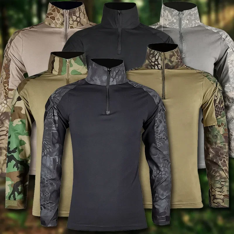 Camisas tácticas de manga larga para exteriores, camisa de combate con cremallera 1/4, camisetas de algodón Ripstop resistentes al desgaste de camuflaje Airsoft, ropa para hombre - imagen 3
