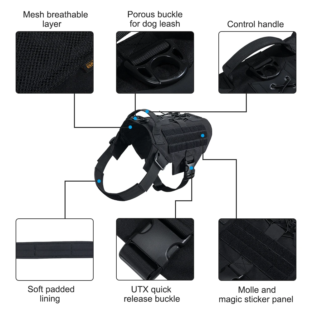 EXCELENTE ELITE SPANKER Arnés táctico para perros Chaleco de entrenamiento Chaleco para mascotas de policía o perros grandes, medianos y pequeños con asa - imagen 3