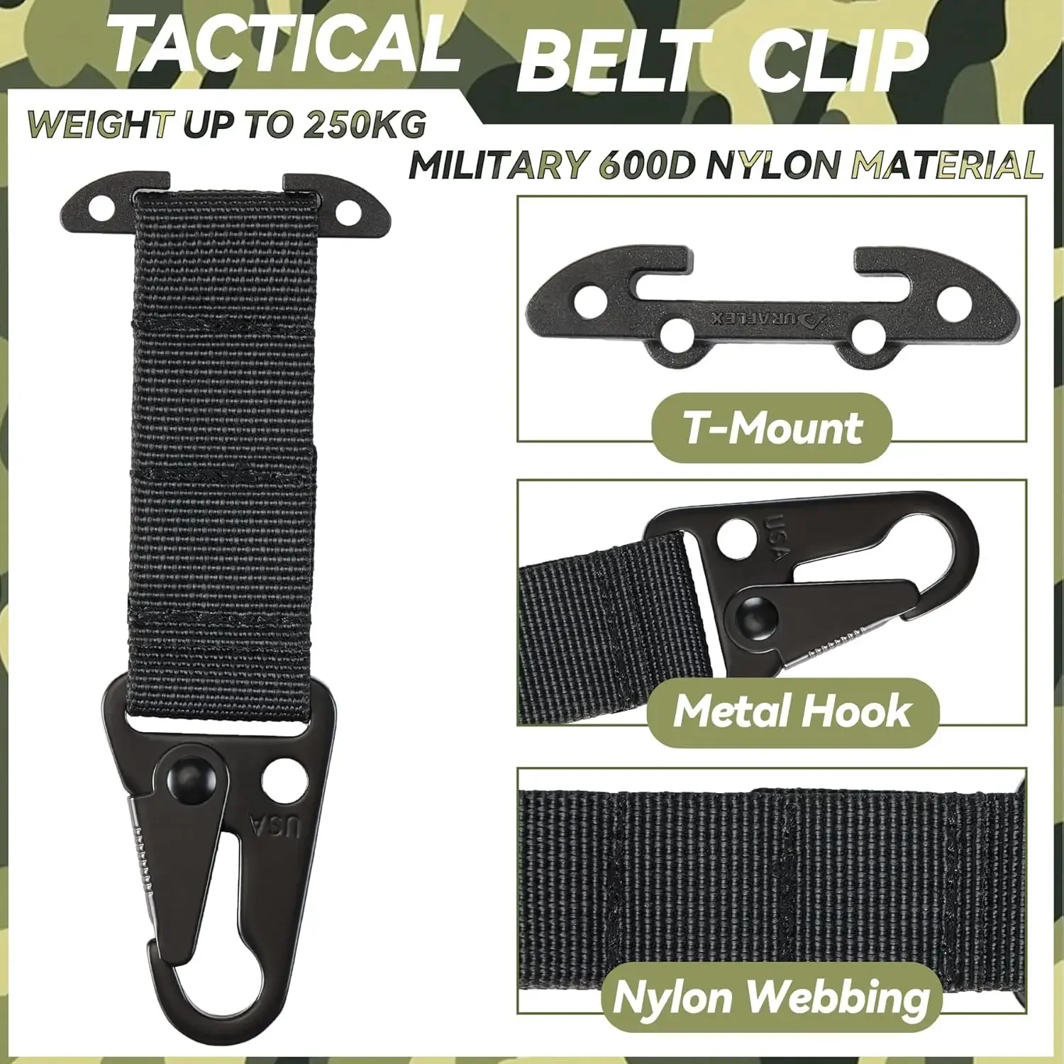 Clip para cinturón deportivo con montaje en T, mosquetón colgante Molle, Clip de correas para mochila al aire libre, chaleco, cinturón, accesorios de caza, 2 uds. - imagen 3