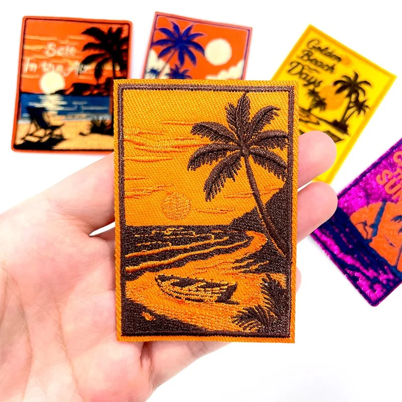 Parches de insignia bordados para coser, rectángulo, puesta de sol, árboles de playa, DIY, camiseta, sombrero, mochila, ropa, pegatina con apliques - imagen 5