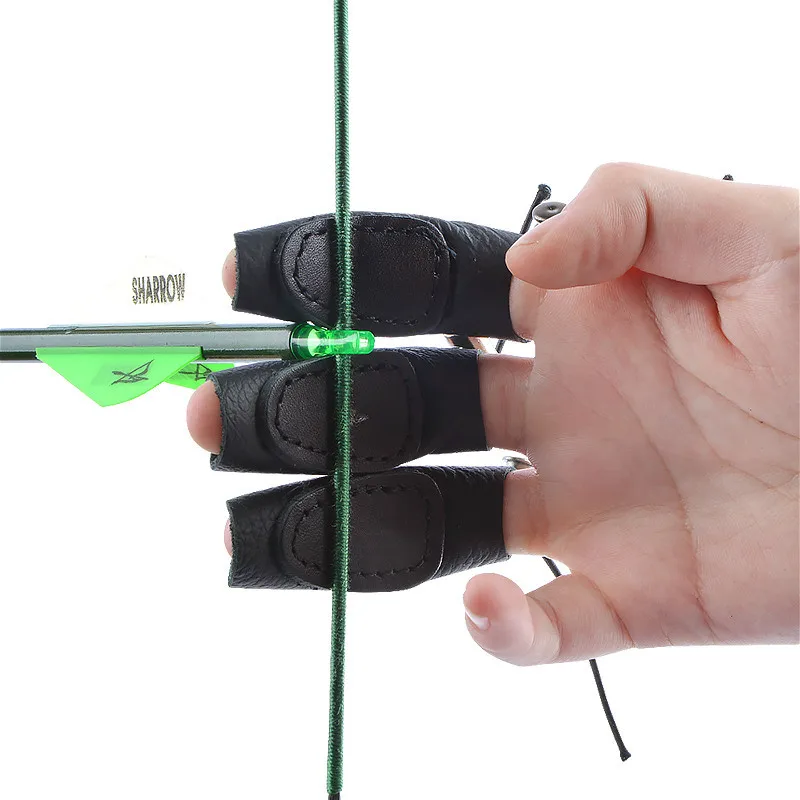 Protector de dedo de cuero de vaca negro/marrón, 3 piezas, equipo de protección para arco y flecha, tiro con arco, caza - imagen 5