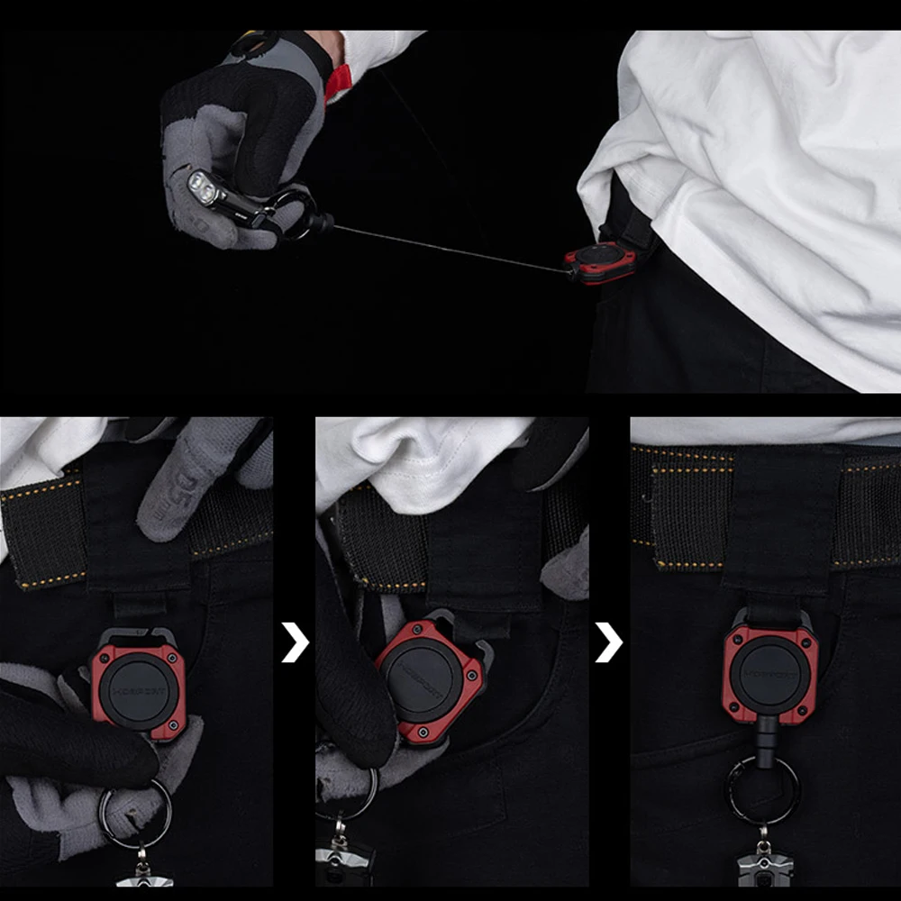 Llavero retráctil antipérdida, carrete de tarjeta de identificación táctica con cordón de acero recubierto de 28 pulgadas, equipo táctico Molle, herramientas de pesca - imagen 5