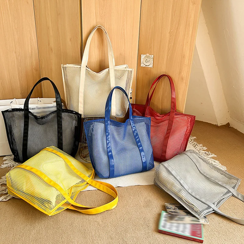 Bolsa de compras de malla plegable para natación, bolsa de playa de malla para exteriores de gran capacidad, bolso de viaje para comando, bolso escolar para estudiantes - imagen 5