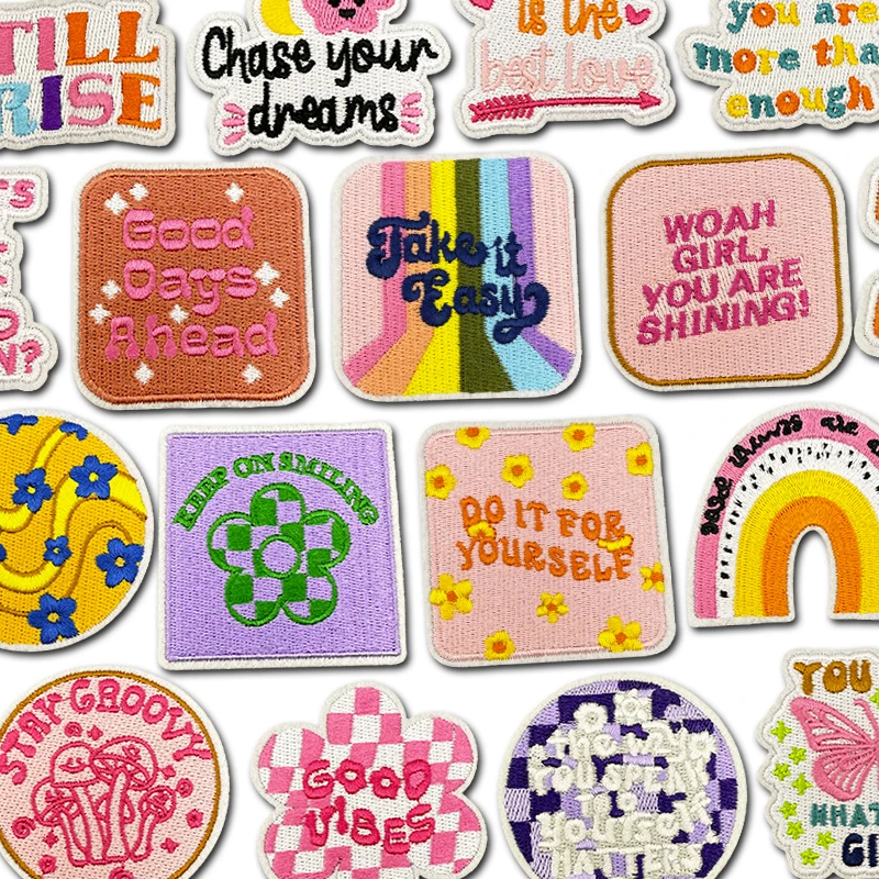 Parche de dibujos animados con letras, sombreros de arcoíris, pantalones vaqueros, parche bordado, parches para planchar para ropa, parches termoadhesivos para ropa DIY