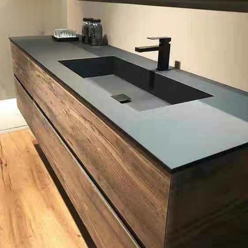 Armario de baño con tablero de roca, estilo japonés, color madera natural, lavarse las manos, lavabo facial, juego de combinación de lavabo integrado