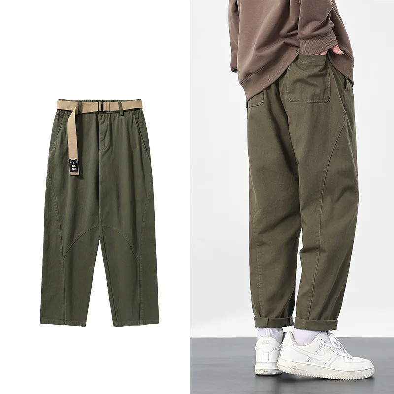 Pantalones rectos de algodón con cinturón para hombre, ropa de calle masculina, holgada, informal, estilo Hip Hop, primavera y otoño - imagen 2