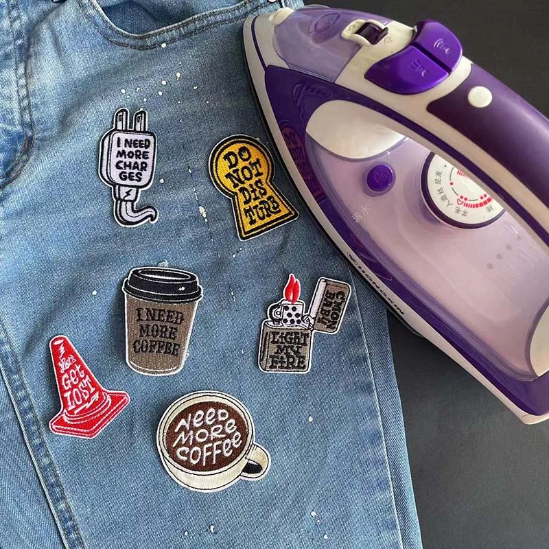 Parches termocollant bordados para ropa, pegatinas de tela, cono de tráfico, 6 piezas/taza de café - imagen 3