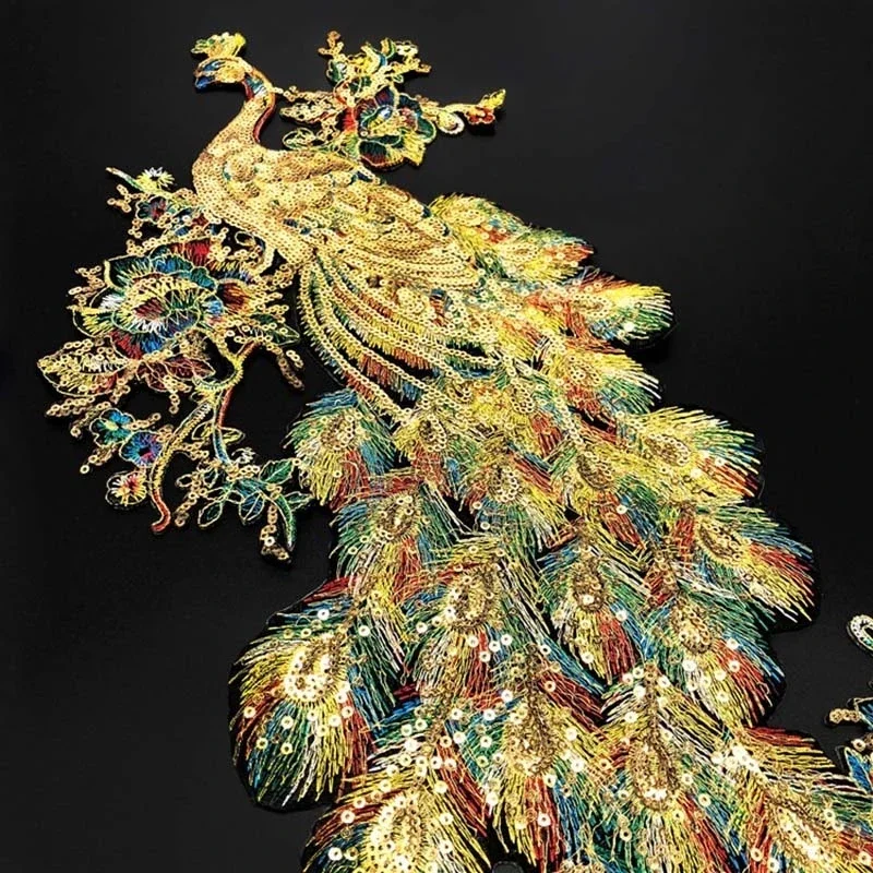 47*26 CM/parches de apliques de lentejuelas doradas termocollant, Phoenix, tela de parche de hierro de pavo real, bordado de encaje para vestido, Cheongsam - imagen 4