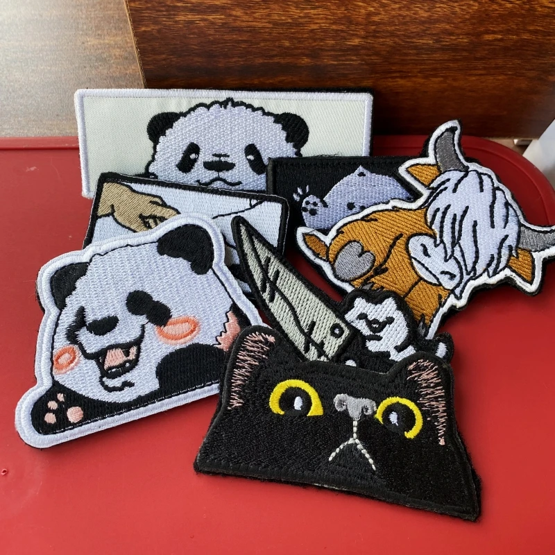Parches de velcro con bordado de Panda lindo, cuchillo, insignia de moral de gato, emblemas de expresión de gatito, pegatinas tácticas de mochila - imagen 2