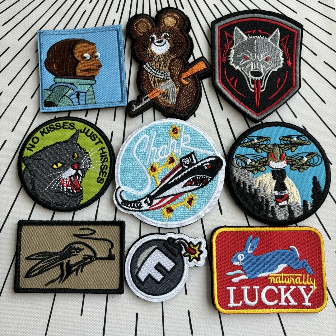 Bonito parche bordado de gatos sin besos, insignia de moral de tiburón militar submarino, parches de gancho y bucle, Drones tácticos, apliques de mochila