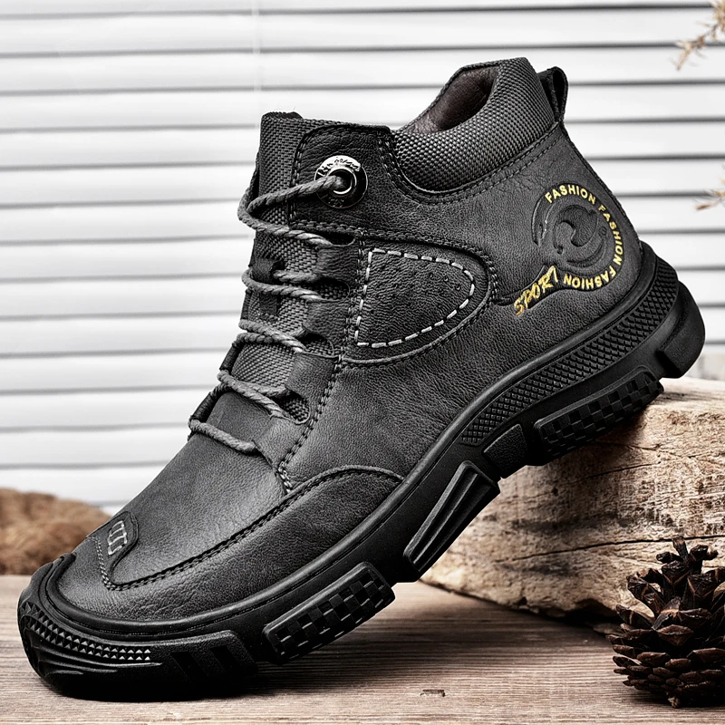 HIKEUP-zapatos para caminar para hombre, calzado de senderismo al aire libre, de alta calidad, cálidos, informales, de cuero, botas militares tácticas con cordones, antideslizantes - imagen 4
