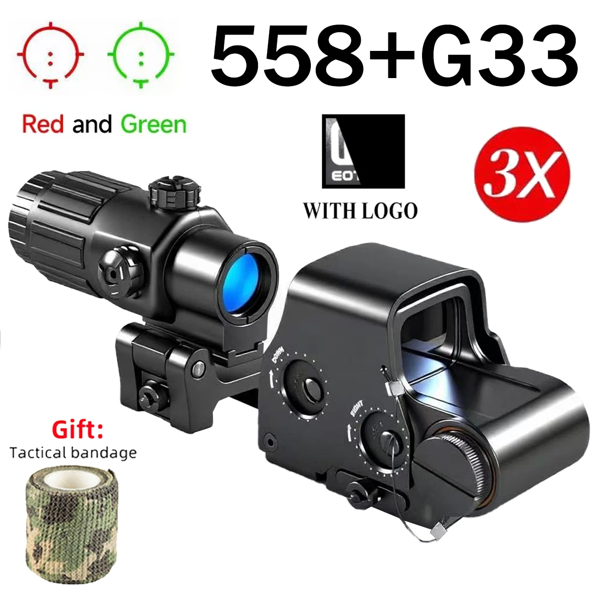 HD551 rojo verde reflejo holográfico punto vista 558 + g43 3x lupas plegable lateral Flip G45 5x lupas Riflescope táctico Combo