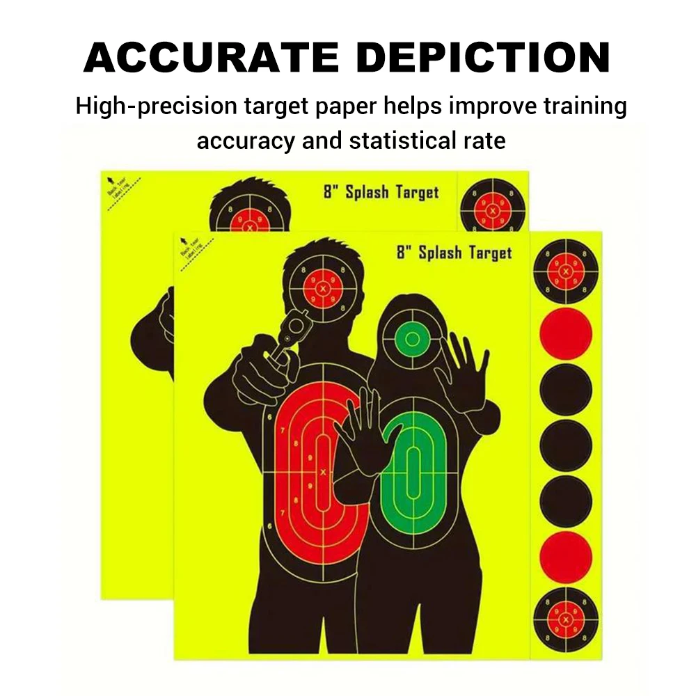 Papel de destino de tiro de 20 piezas, pegatina de objetivo de salpicaduras de 8/12 pulgadas, papel de objetivos autoadhesivo, pegatinas de objetivo de tiro fluorescentes - imagen 2