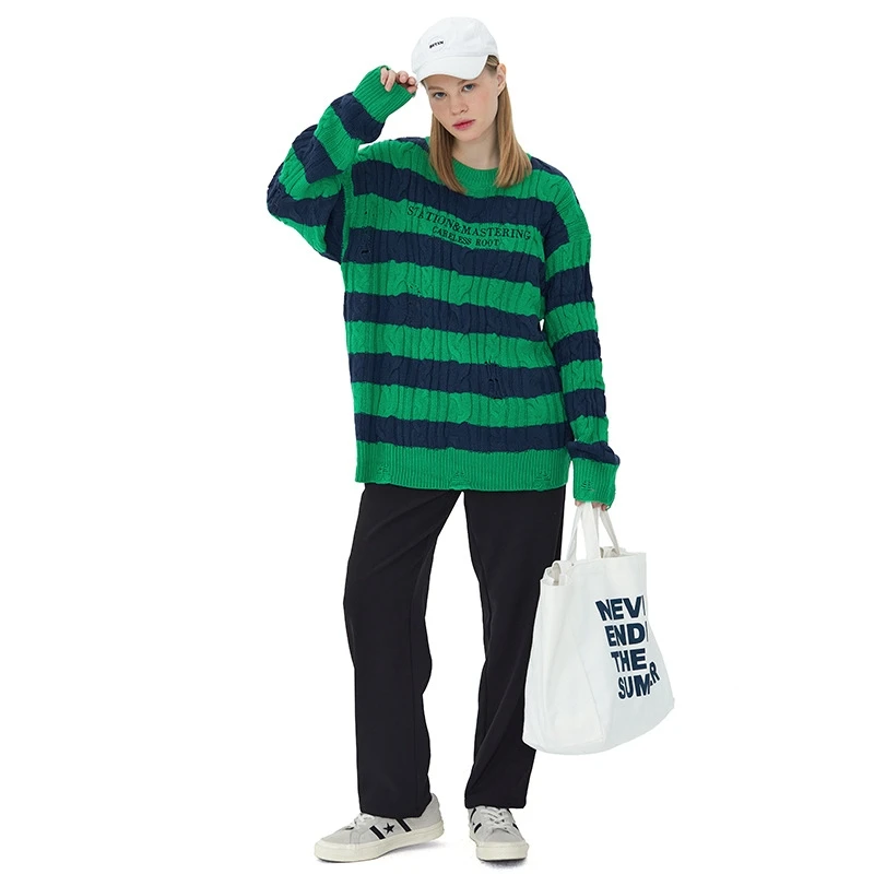 Suéter Vintage con estampado de letras para mujer, ropa de calle Harajuku, jerséis a rayas informales, Tops de punto para parejas, Otoño e Invierno - imagen 5