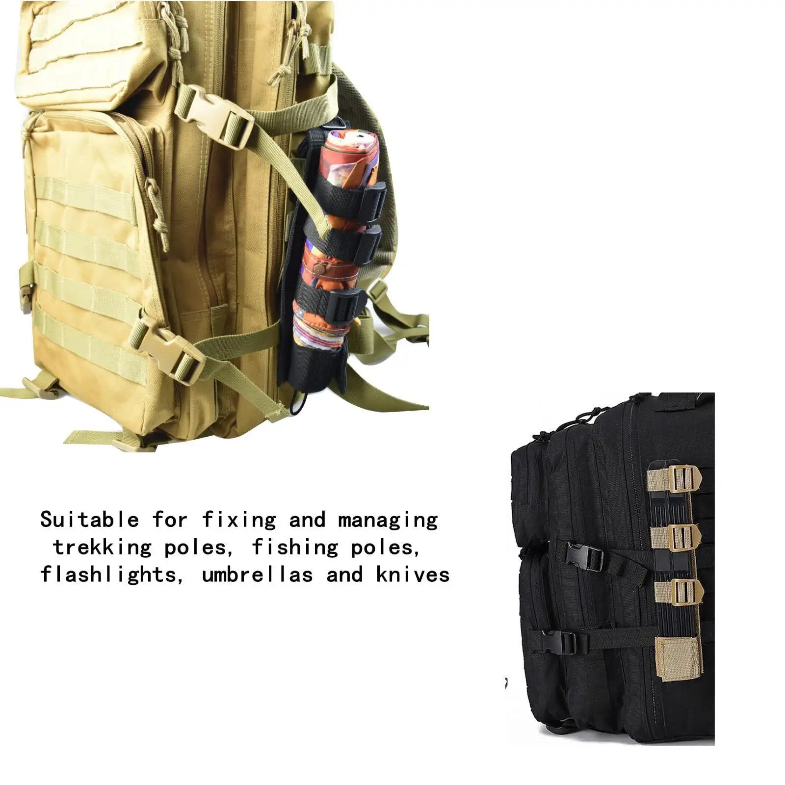 Correas de fijación tácticas MOLLE para fijar y controlar postes de trekking, postes de pesca, linternas, paraguas y cuchillos. - imagen 4