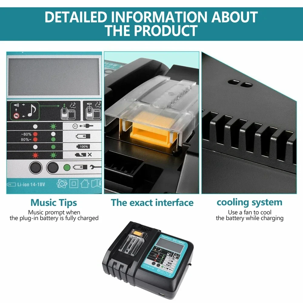 DC18RC para Makita 18V cargador de batería de taladro 3A cargador de iones de litio para Makita 14,4 V 18V LXT BL1815 BL1860 BL1430 BL1450 - imagen 4