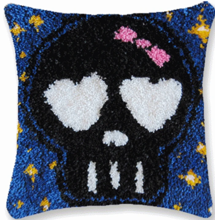 Klink Haak Kleed Punk DIY almohadas de punto de cruz Borduurpakket Kussen Latch Hook almohada 3D, Calavera, estrella, Smyrna, Knooppakket - imagen 2