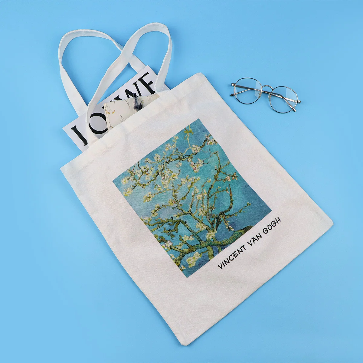 Van Gogh-Bolso de lona con flor de almendra, bolso de mano plegable, organizador de almacenamiento portátil, bolso de compras para mujer, bolso de hombro escolar