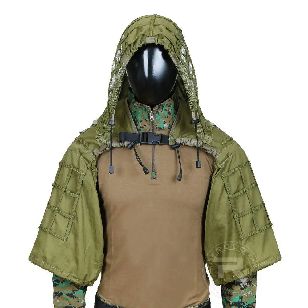 Traje táctico Ghillie de nailon, camuflaje, caza al aire libre, Airsoft, Paintball, bolsillo trasero para vejiga de hidratación de 3L, capucha extraíble - imagen 5