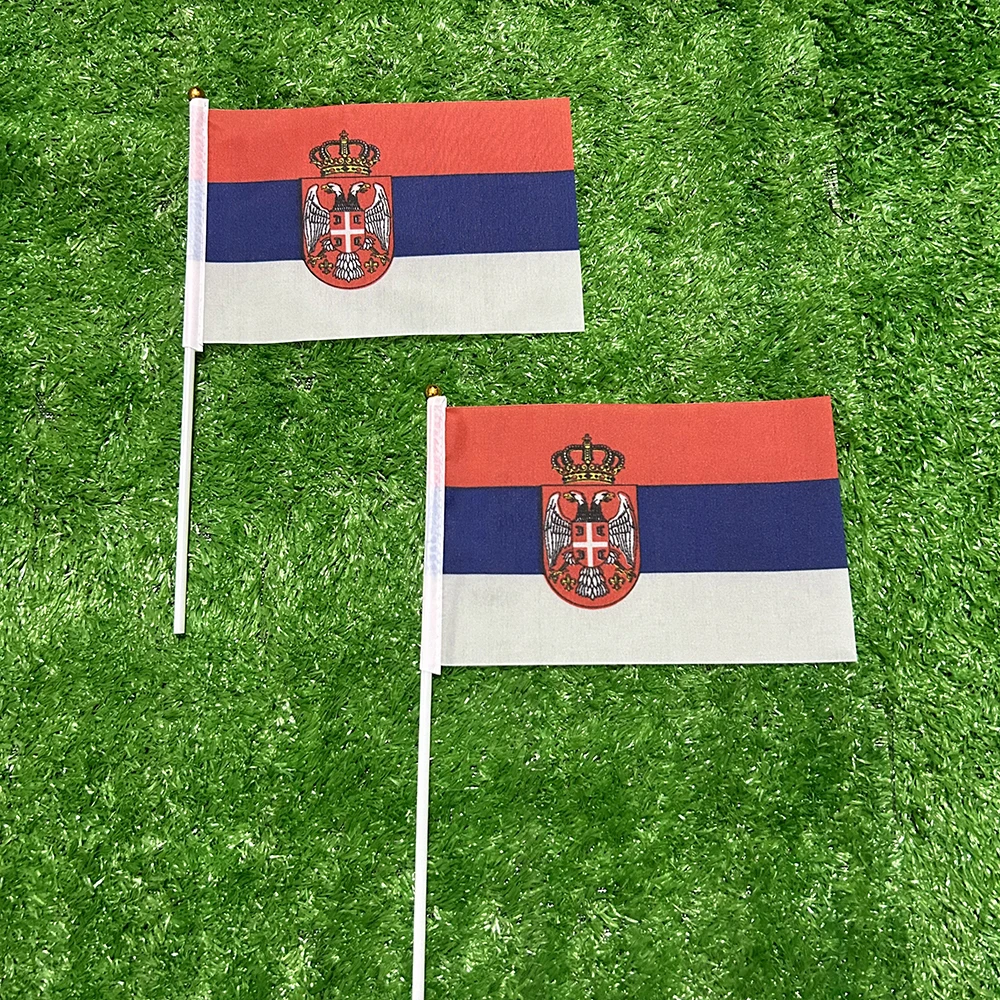 Bandera de mano de Serbia con bandera de SKY, 10/20/50/100 Uds., 21x14cm, banderas onduladas a mano de Serbia con poste de plástico para actividades deportivas, decoración del hogar - imagen 2