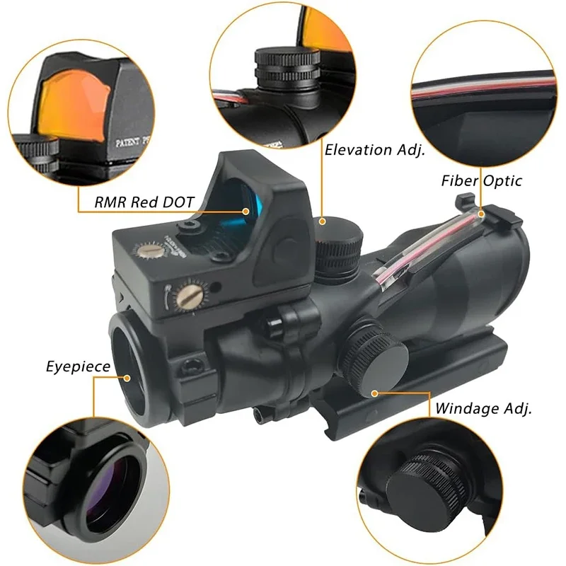 Mira telescópica de fibra óptica para caza, mira telescópica de retícula iluminada con PRISMA, Mini RMR punto rojo, 4x32 - imagen 3