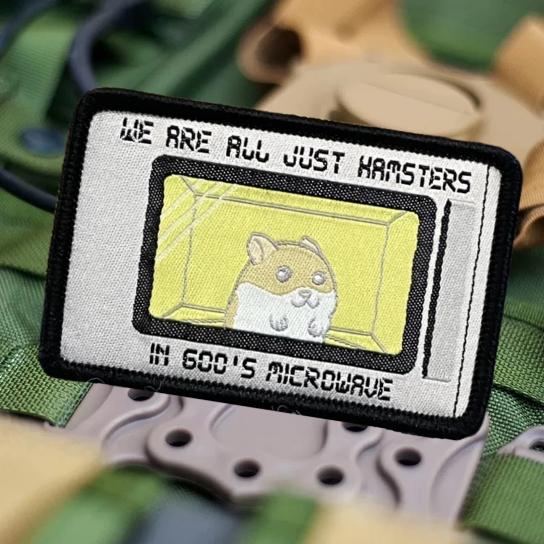 WE ARE ALL JUST HRMSTERS IN MICROWRVE de los 600, parches de marca tejida para ropa, insignia de moral táctica, pegatina para mochila - imagen 4