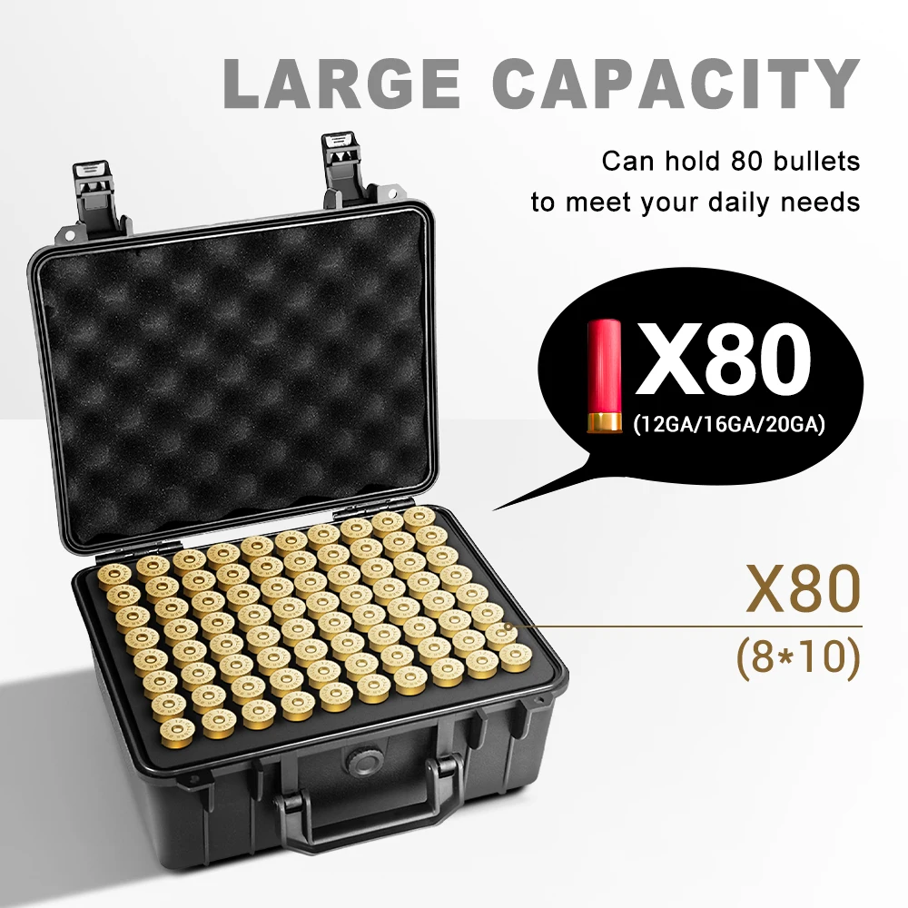 Caja de munición 12GA, caja de 80/42/25 balas para cartuchos, caja de municiones de calibre 12, soporte para escopeta, contenedor de almacenamiento de balas con tapa abatible - imagen 2