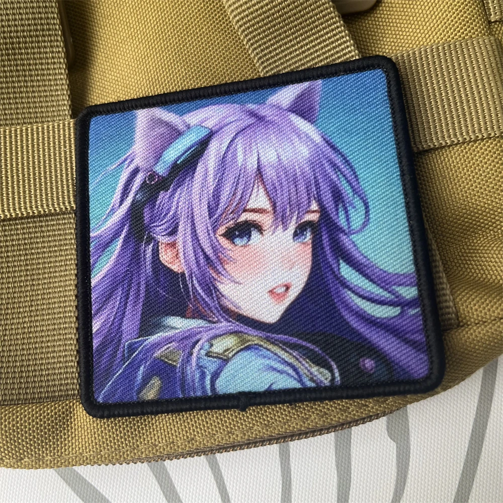 Parches tácticos de moral de niña con orejas de zorro de pelo morado para ropa, parche de gancho y bucle impreso, pegatina para mochila militar - imagen 4