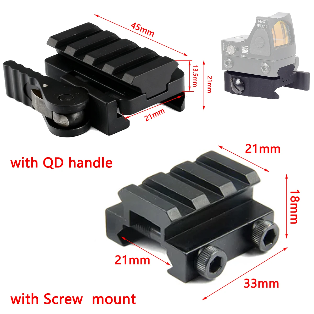 Soporte táctico para elevador de riel Picatinny, 20mm, RM SR VISM, punto rojo, soporte de montaje rápido de Metal con Base de mango QD