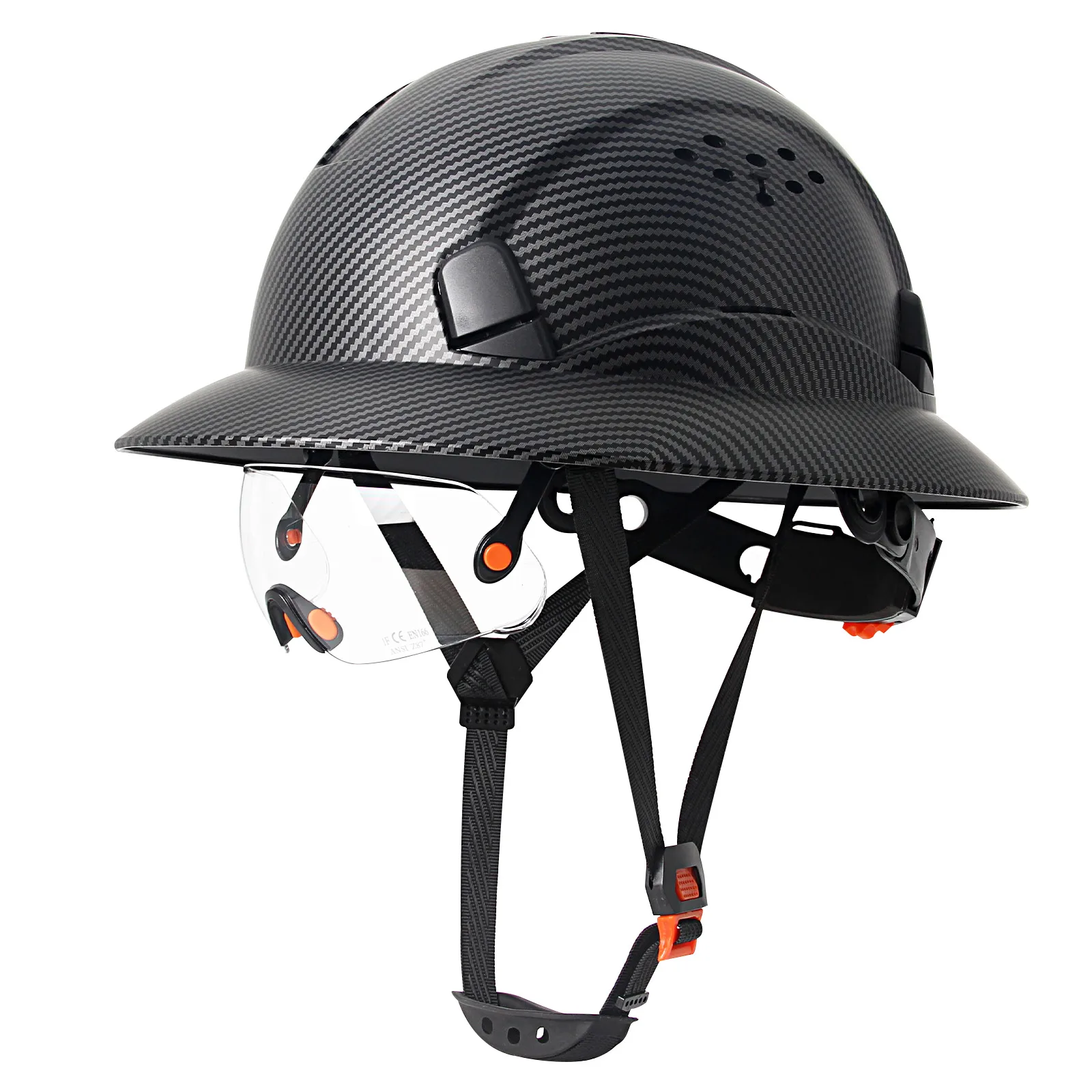 Casco de seguridad de ala completa de fibra de carbono mate con gafas integradas, casco duro ANSI para ingeniero Industrial, gorra de trabajo para sitio de construcción CE - imagen 2