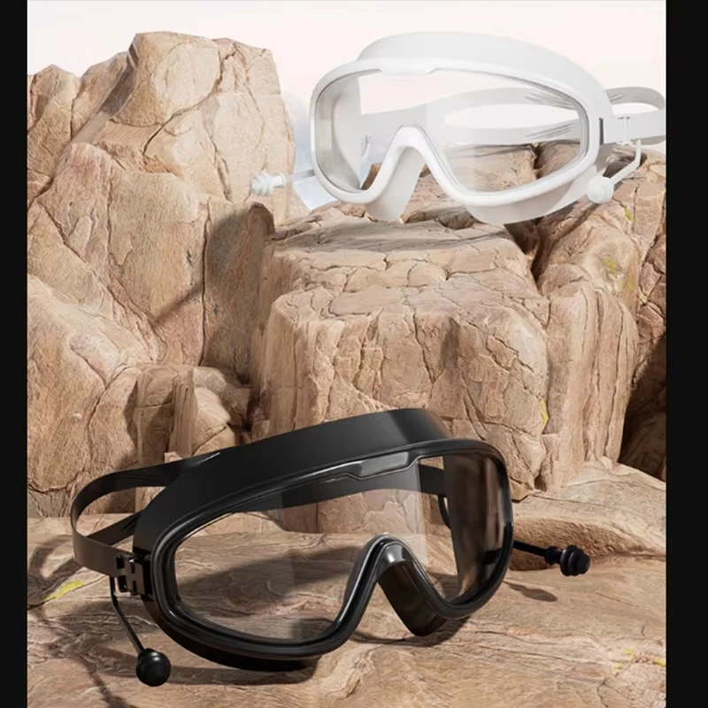 Gafas de natación con montura grande para adultos, lentes planas transparentes de alta definición, impermeables, antivaho, anti UV, con tapones para los oídos integrados, 1 piezas