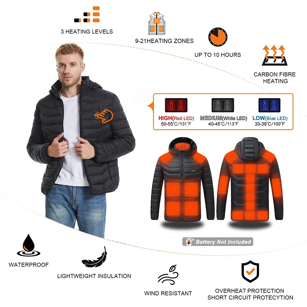 Chaqueta calefactora lavable con carga Usb, abrigo de algodón con capucha, calefacción eléctrica, chaqueta cálida para acampar al aire libre, senderismo - imagen 3