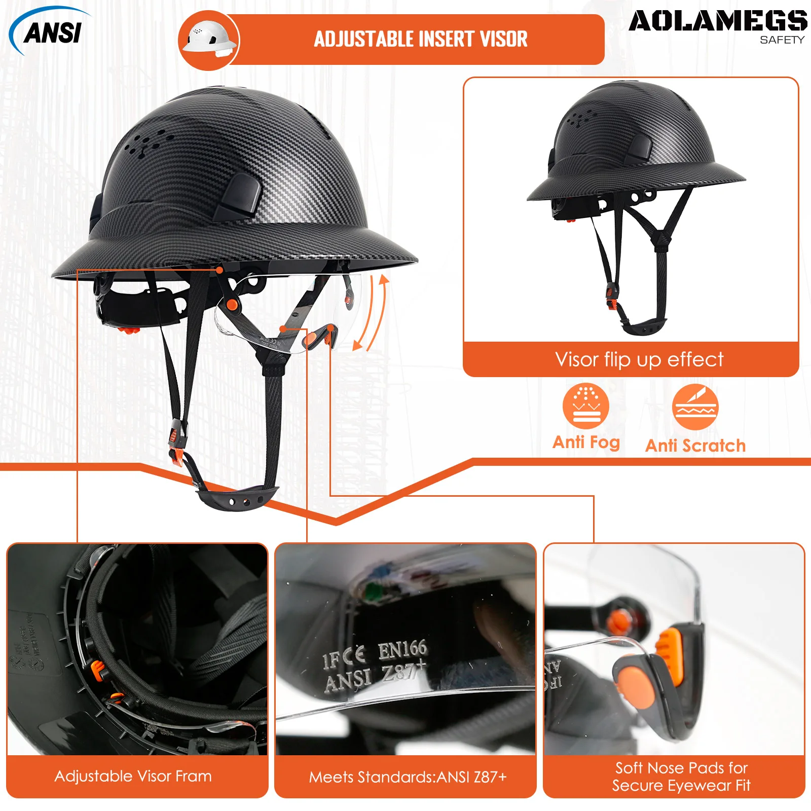 Casco de seguridad de ala completa de fibra de carbono mate con gafas integradas, casco duro ANSI para ingeniero Industrial, gorra de trabajo para sitio de construcción CE - imagen 5